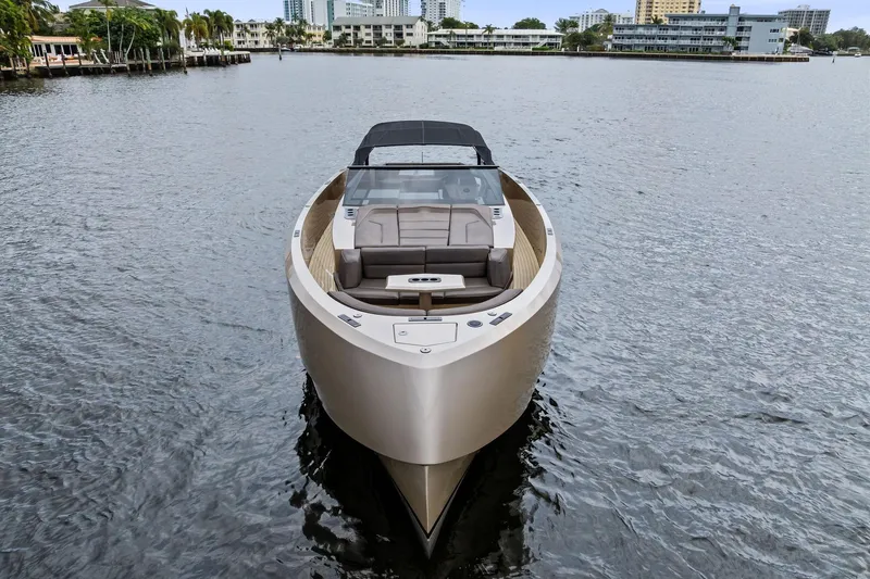 Cobra Yacht Photos Pics 2022 Vanquish Yachts VQ45 luxury yacht on calm water, front view.