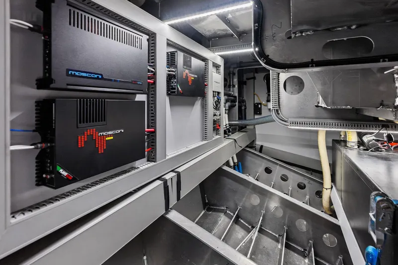 Cobra Yacht Photos Pics Engine room of 2022 Vanquish Yachts VQ45 with Mosconi audio equipment.