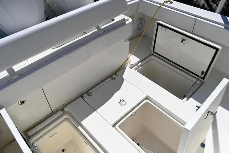 Yacht Photos Pics 2016 SeaVee 340Z boat with open storage compartments on deck.