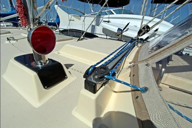  Yacht Photos Pics 1999 Island Packet 380 sailboat deck with rigging and hardware details.