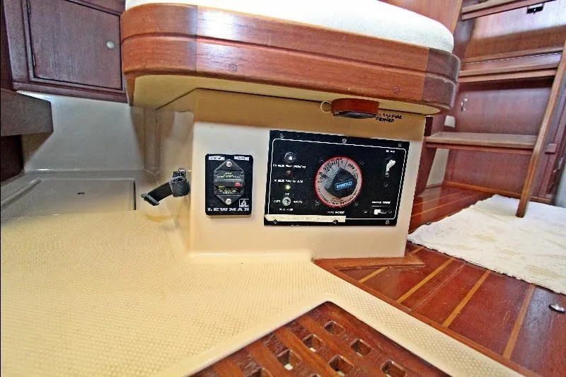  Yacht Photos Pics Control panel inside a 1999 Island Packet 380 sailboat, featuring Lewmar equipment.