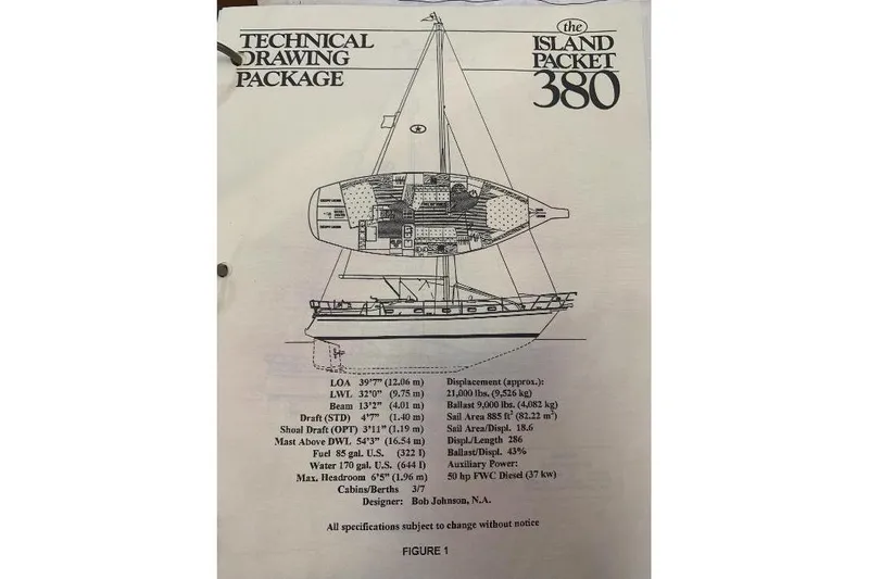  Yacht Photos Pics Technical drawing of 1999 Island Packet 380 sailboat with specifications and design details.