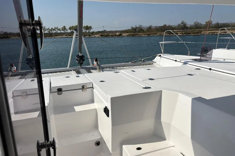 C1019 Yacht Photos Pics Deck view of 2025 Leopard 46 catamaran, featuring sleek design and spacious layout.