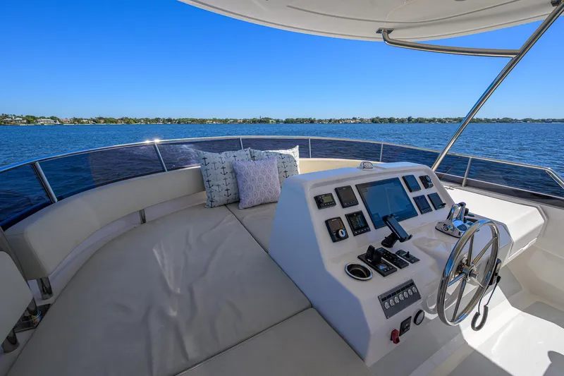 Fluke Yacht Photos Pics 2020 Kadey-Krogen 54 Summit Motoryacht helm with plush seating and ocean view.