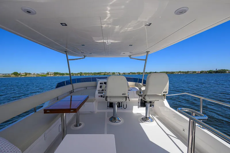 Fluke Yacht Photos Pics Flybridge of 2020 Kadey-Krogen 54 Summit Motoryacht with seating and helm, overlooking serene waters.