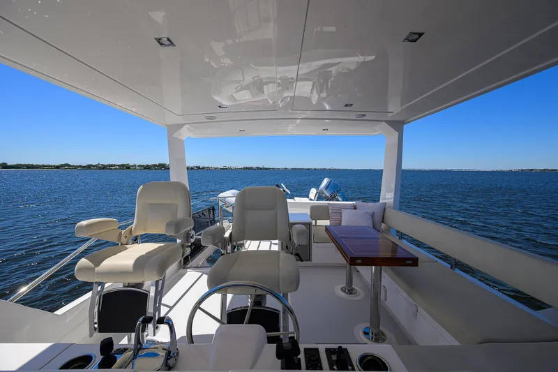 Fluke Yacht Photos Pics Kadey-Krogen 54 Summit Motoryacht 2020, luxurious helm and seating area overlooking serene waters.