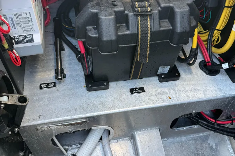 Hardy Yacht Photos Pics Battery compartment of 2020 Coastal Craft 33 ProFish with wiring and labels.