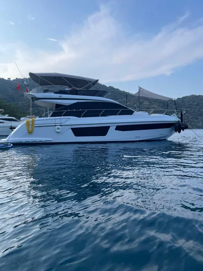  Yacht Photos Pics 2023 Azimut Fly 53 yacht on calm water, scenic backdrop.