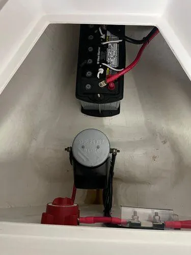  Yacht Photos Pics Battery compartment of 2018 True North 34OE boat with wiring and connections.