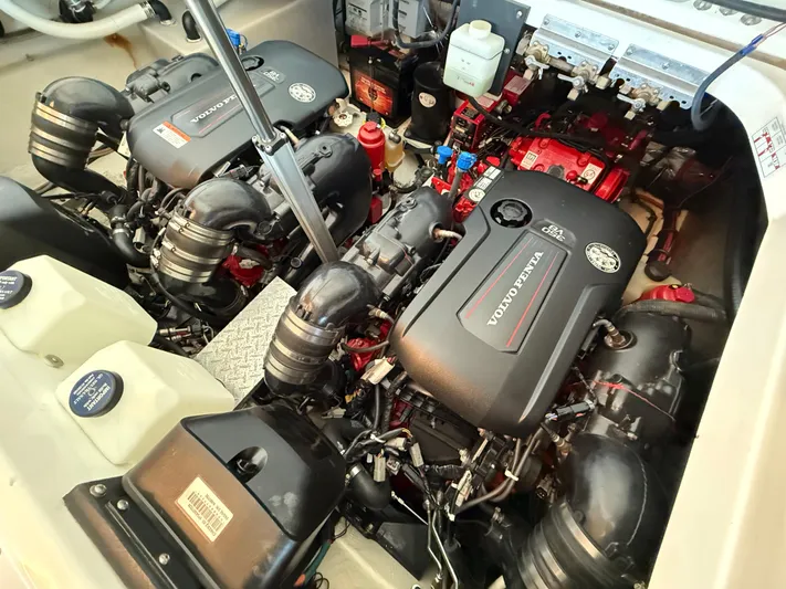 Social Distance Yacht Photos Pics Engine compartment of a 2019 Regal 35 Sport Coupe with Volvo Penta engines.