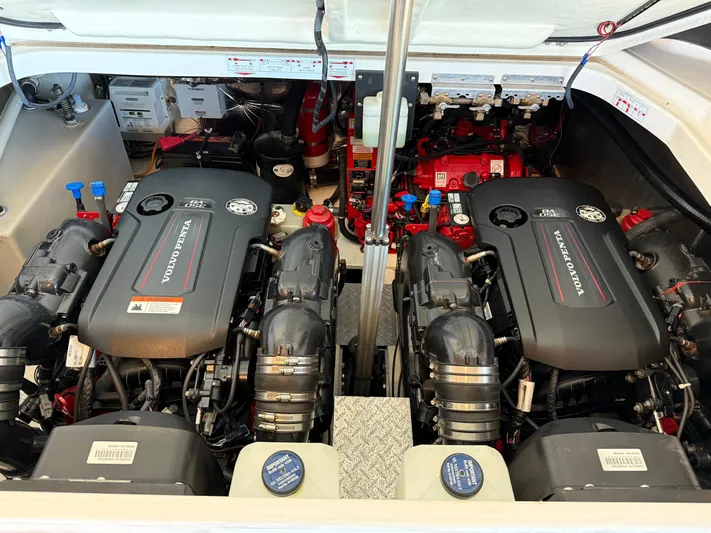 Social Distance Yacht Photos Pics 2019 Regal 35 Sport Coupe engine compartment with dual Volvo Penta engines.