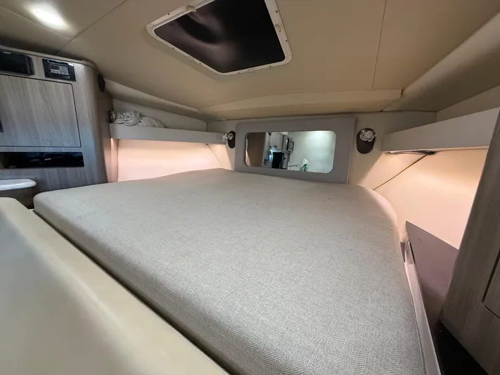 Social Distance Yacht Photos Pics 2019 Regal 35 Sport Coupe interior cabin with bed and modern design.