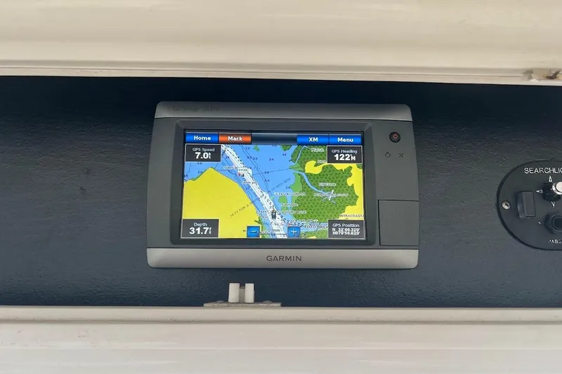 Our Trade II Yacht Photos Pics Garmin GPS display on 1996 Ocean Yachts 48 Super Sport, showing navigation map and data.