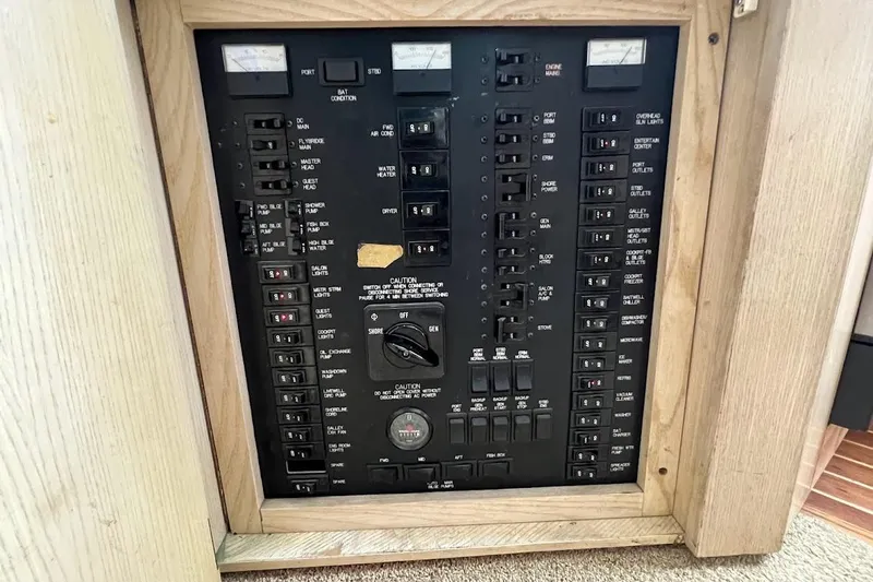 Our Trade II Yacht Photos Pics Electrical panel of a 1996 Ocean Yachts 48 Super Sport boat.