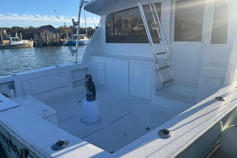 Our Trade II Yacht Photos Pics 1996 Ocean Yachts 48 Super Sport boat deck with ladder and owl statue, docked by the water.