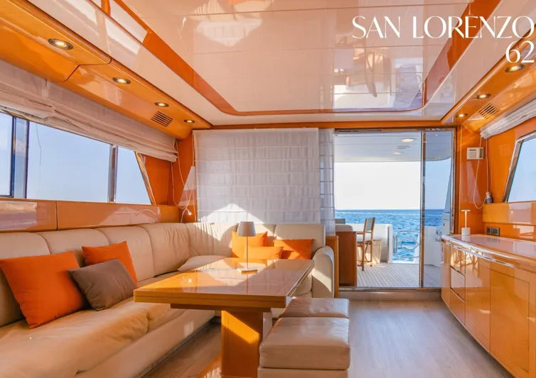  Yacht Photos Pics Luxurious interior of 1998 Sanlorenzo 62 yacht with ocean view and elegant furnishings.