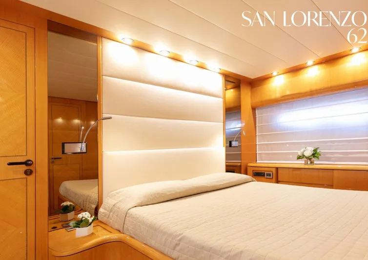  Yacht Photos Pics Luxurious bedroom interior of 1998 Sanlorenzo 62 yacht with elegant lighting and wood finishes.