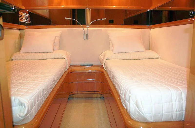  Yacht Photos Pics Twin cabin with wooden finish in 1998 Sanlorenzo 62 yacht.