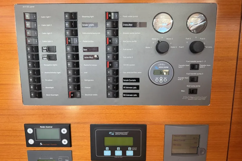 Heartbreaker Yacht Photos Pics Control panel of 2011 X-Yachts X-55 sailboat with switches and gauges.