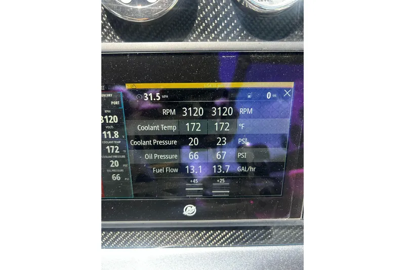  Yacht Photos Pics Dashboard display of a 2017 Formula 350 Crossover Bowrider showing engine metrics.