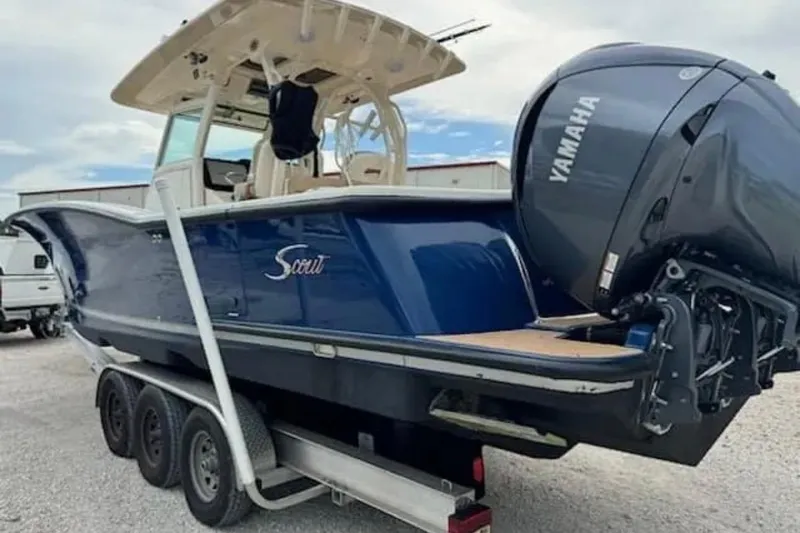  Yacht Photos Pics 2017 Scout 350 LXF boat with Yamaha engine on a trailer.