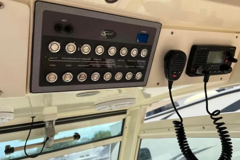  Yacht Photos Pics Control panel and radio equipment on a 2017 Scout 350 LXF boat.