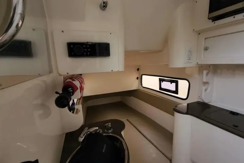  Yacht Photos Pics 2017 Scout 350 LXF cabin interior with modern amenities and sleek design.