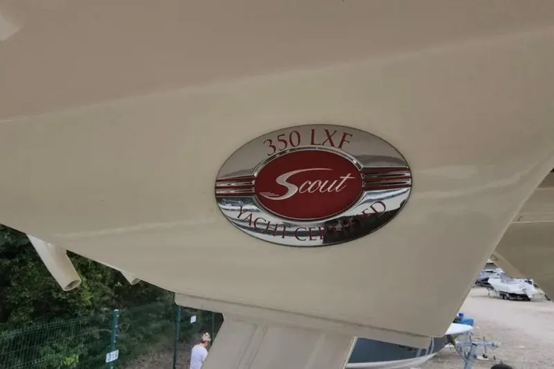  Yacht Photos Pics 2017 Scout 350 LXF yacht emblem, showcasing model and certification details.