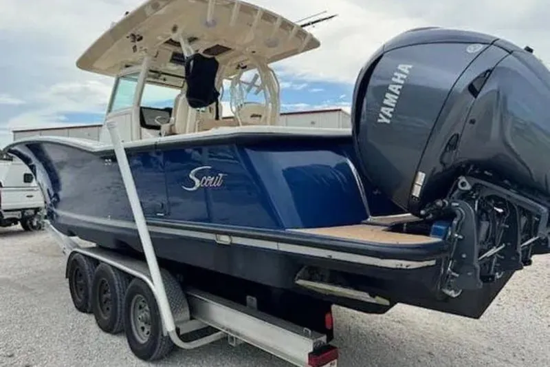  Yacht Photos Pics 2017 Scout 350 LXF boat on trailer with Yamaha outboard engine.
