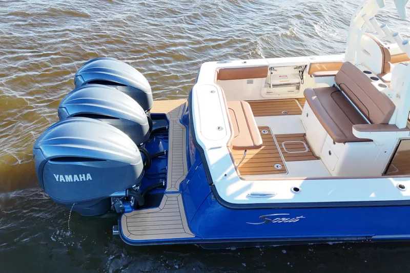  Yacht Photos Pics 2017 Scout 350 LXF boat with Yamaha engines on water.