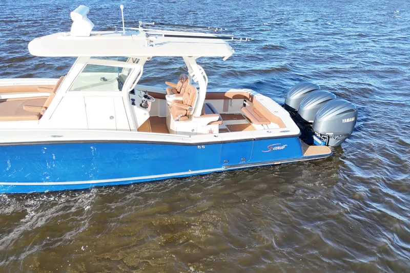  Yacht Photos Pics 2017 Scout 350 LXF boat with Yamaha engines on water.