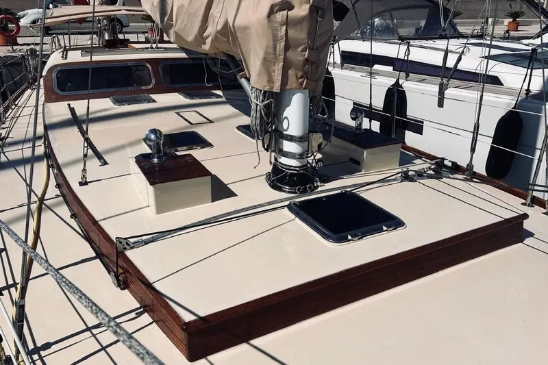 Aria Di Mare Yacht Photos Pics Custom Classic Yawl 2013 sailboat deck with wooden accents and rigging details.
