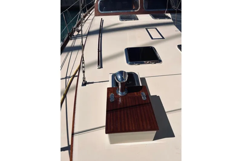 Aria Di Mare Yacht Photos Pics Custom Classic Yawl 2013 deck with polished wood and metal fittings.
