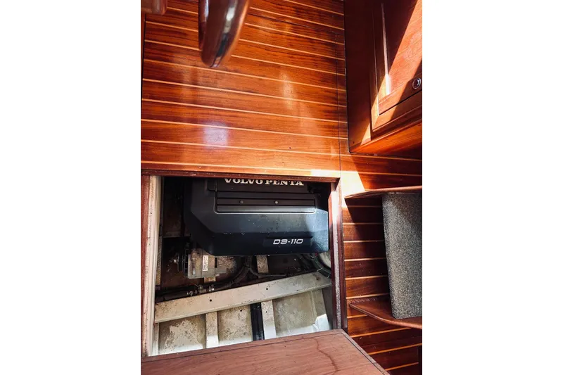 Aria Di Mare Yacht Photos Pics Engine compartment of 2013 Custom Classic Yawl with Volvo Penta D3-110 engine.