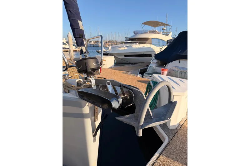 Bella Yacht Photos Pics Beneteau Oceanis 45 sailboat docked at marina, 2017 model, with visible propeller and equipment.