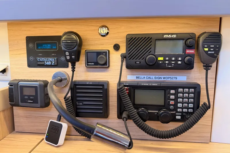 Bella Yacht Photos Pics Control panel of a 2017 Beneteau Oceanis 45 yacht with communication equipment.