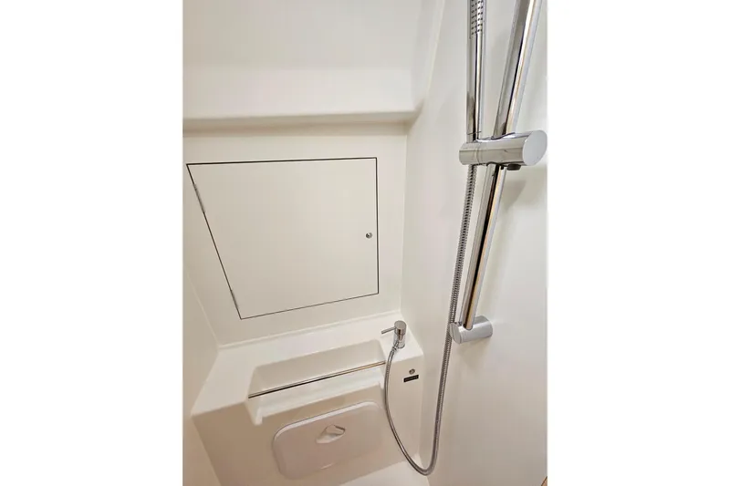 Cutting Edge Yacht Photos Pics 2023 Beneteau Oceanis 34.1 yacht bathroom with modern shower fixtures.