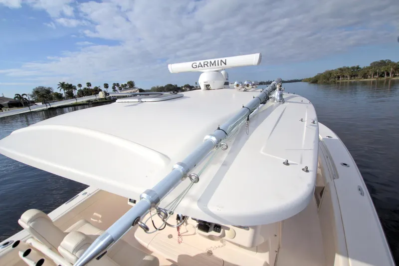 Lucky Penny II Yacht Photos Pics 2018 Grady-White Canyon 376 boat with Garmin radar on calm water.