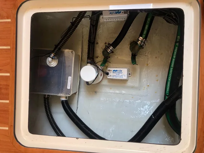 Lucky Penny II Yacht Photos Pics Electrical compartment of 2018 Grady-White Canyon 376 boat with wiring and components.