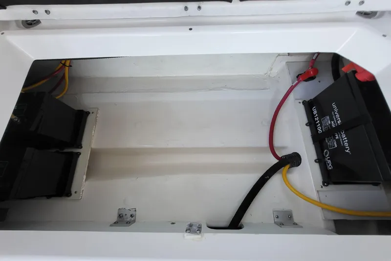 Tranquila Yacht Photos Pics Battery compartment of 2023 Cutwater C-288 Coupe with wiring and universal battery.