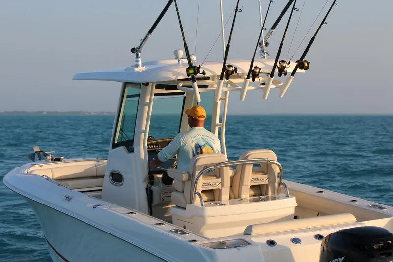  Yacht Photos Pics Manufacturer Provided Image: 2025 Boston Whaler 250 Outrage boat on open water, equipped for fishing.