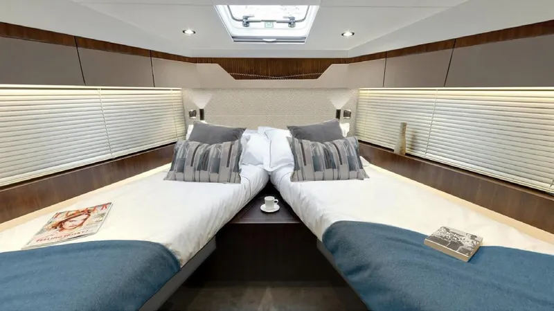 New For 2026 Yacht Photos Pics Luxurious cabin interior of 2025 Fairline Targa 50 Open yacht with twin beds.
