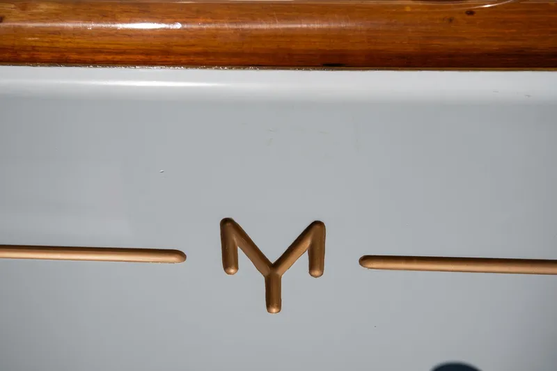 Next Boat Yacht Photos Pics Morris Ocean Series 45 emblem on a 2007 model with wooden trim detail.