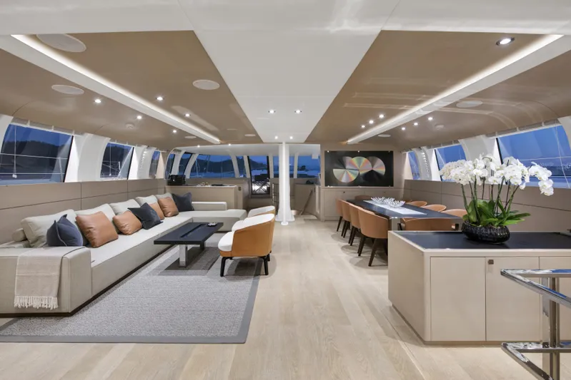 Atlantika Yacht Photos Pics Luxurious interior of a 2013 custom sailing yacht with modern furnishings and elegant decor.