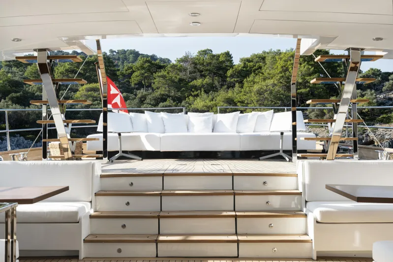 Atlantika Yacht Photos Pics Luxurious 2013 custom sailing yacht with elegant white seating and scenic forest backdrop.