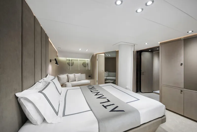 Atlantika Yacht Photos Pics Luxurious interior of a 2013 custom sailing yacht with elegant bedroom design.