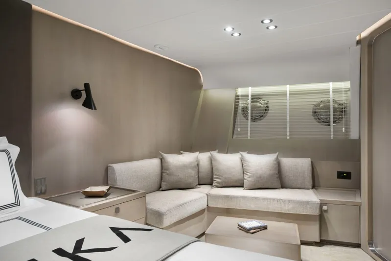 Atlantika Yacht Photos Pics Luxurious interior of a 2013 custom sailing yacht with modern sofa and elegant decor.