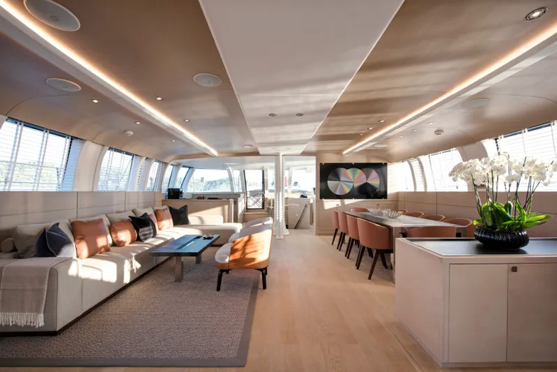 Atlantika Yacht Photos Pics Luxurious interior of a 2013 custom sailing yacht with modern furnishings and elegant design.