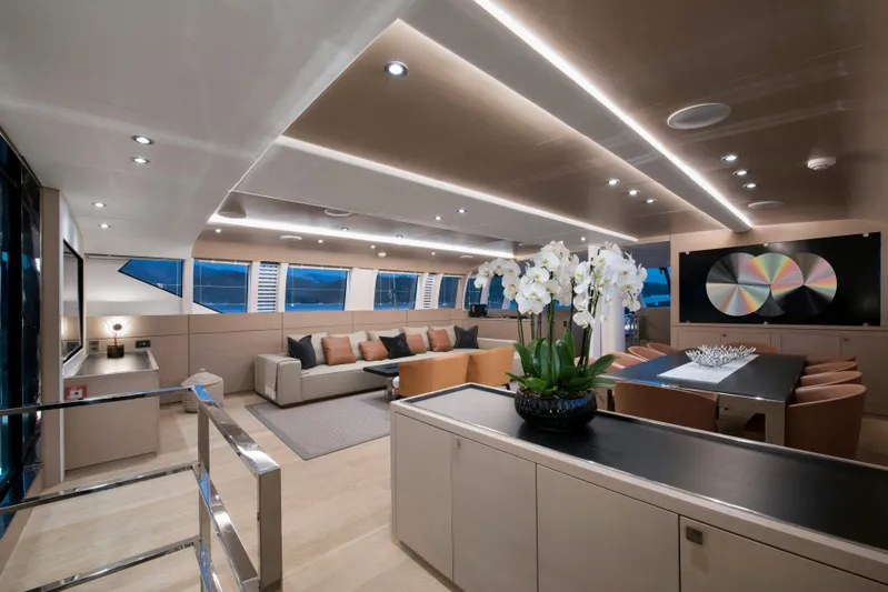 Atlantika Yacht Photos Pics Luxurious interior of a 2013 custom sailing yacht with modern decor and elegant lighting.