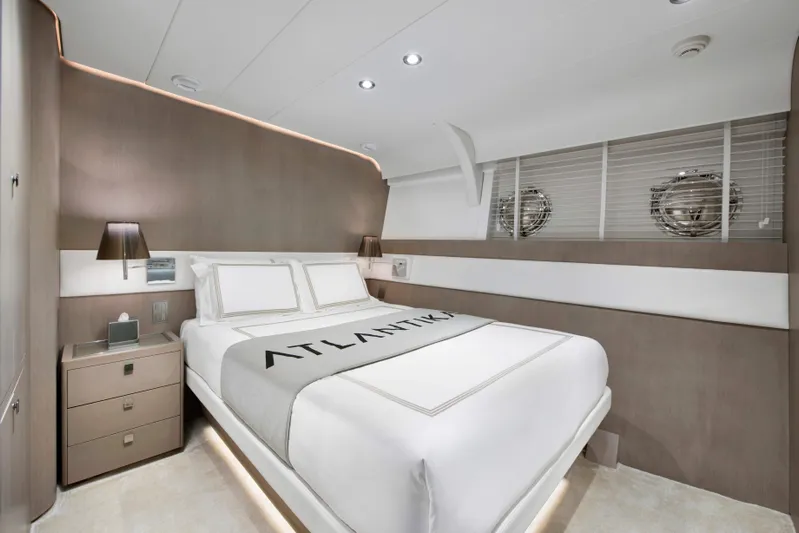 Atlantika Yacht Photos Pics Luxurious cabin interior of a 2013 custom sailing yacht with modern design elements.